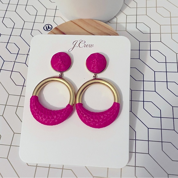 JCREW Faux- Raffia Wrapped Hoop Earrings NWT Vivid Begonia - Picture 6 of 7